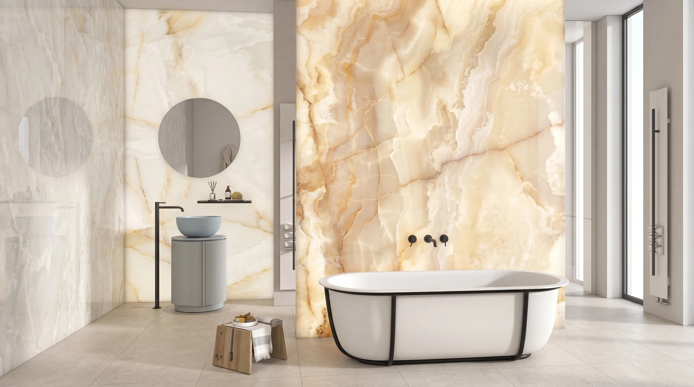 Translucent onyx panel feature wall in daylight