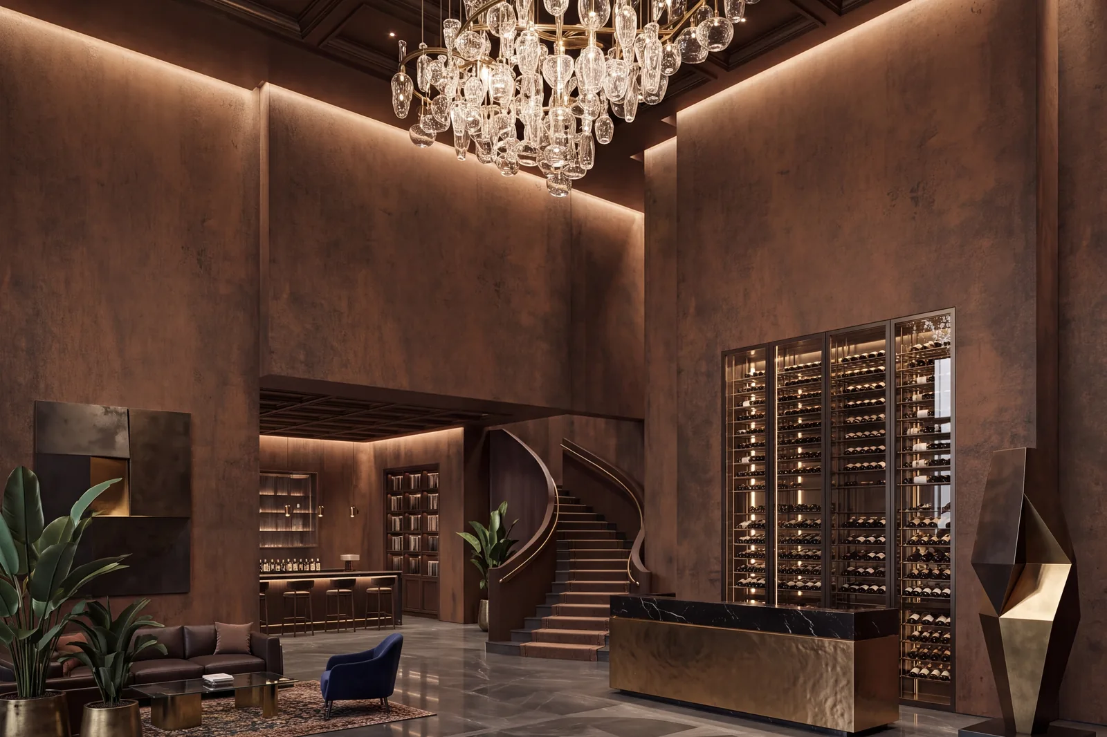 Hotel lobby with full-height architectural panel walls