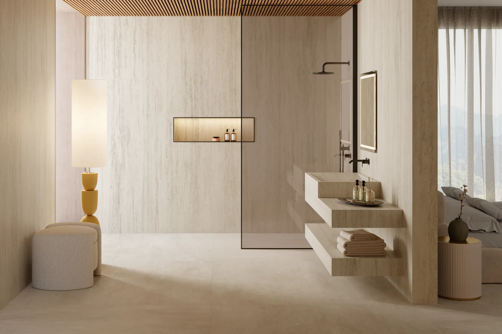 Spa bathroom with stone-look architectural panel walls