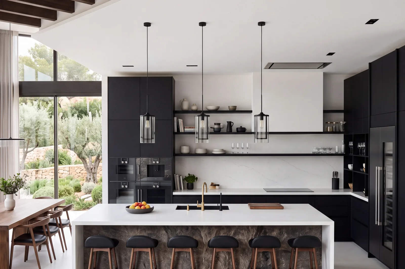 Residential kitchen with architectural panel surfaces