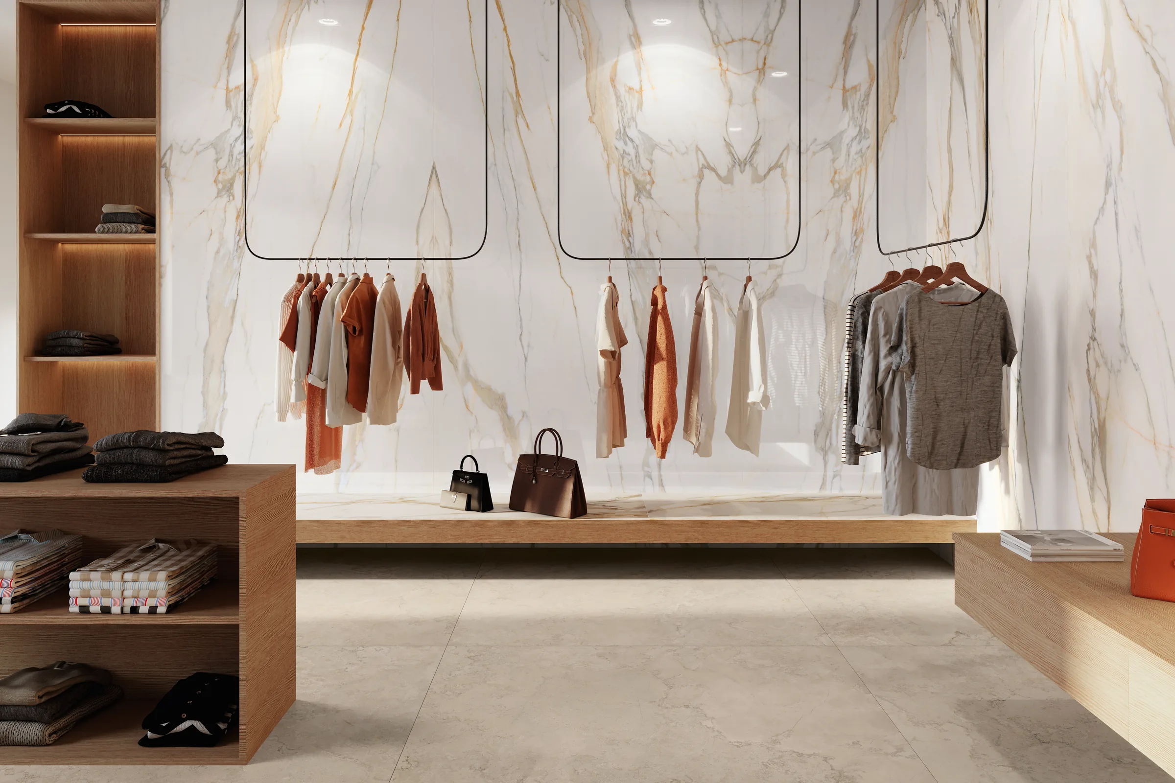 Retail boutique clad in marble-look architectural panels