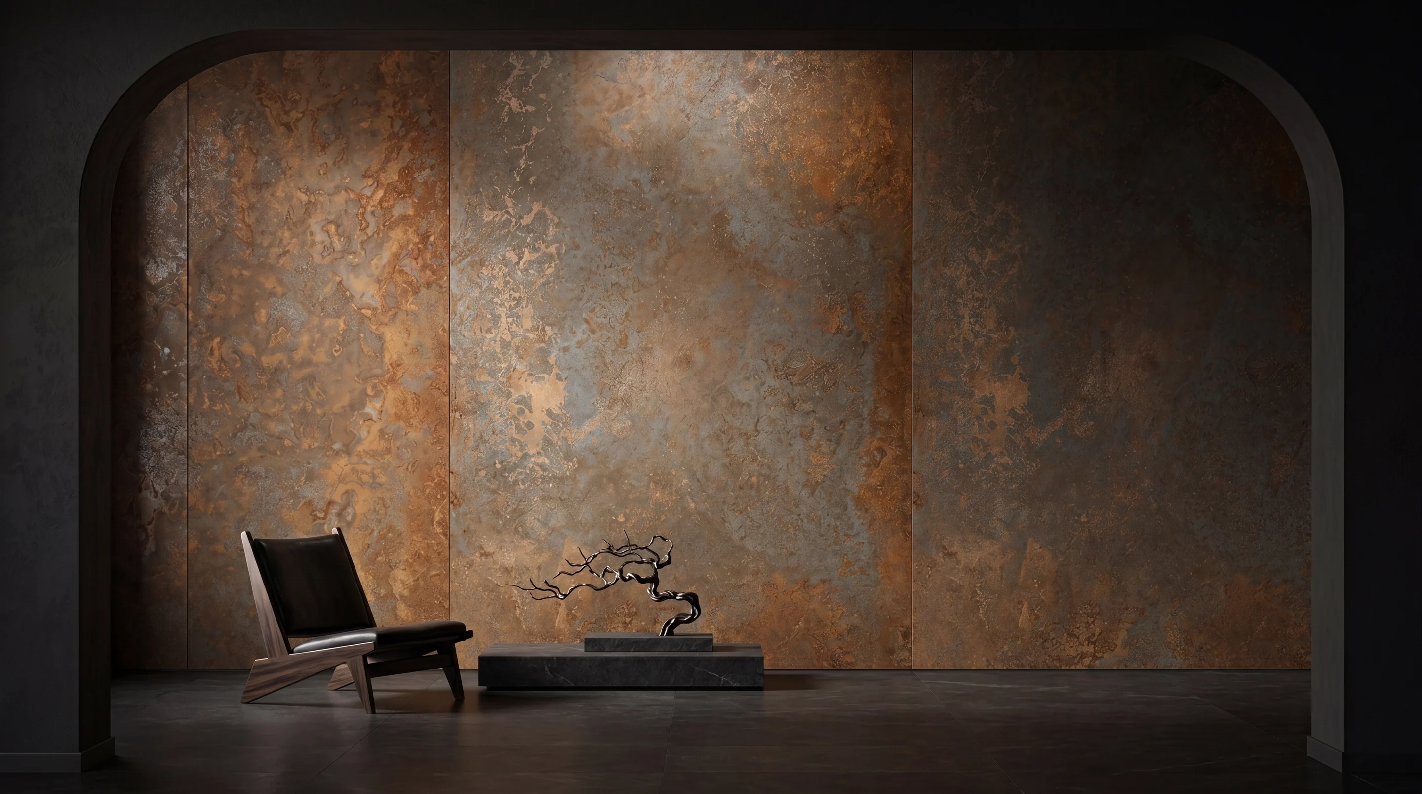 Ultralight aluminium reading as oxidised corten steel, full-height feature wall