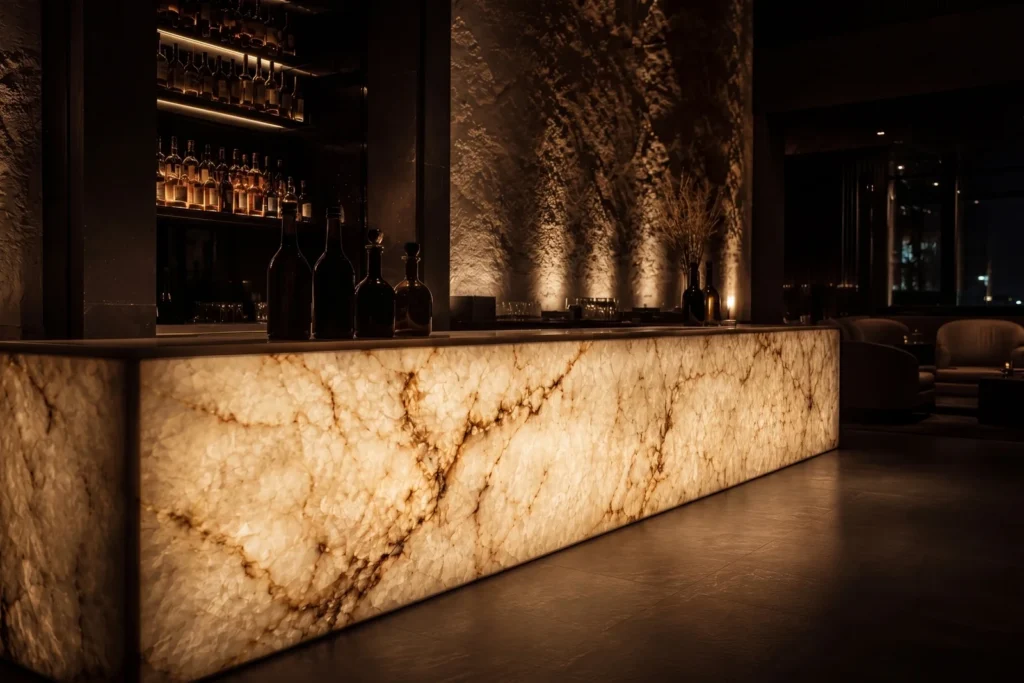 Backlit Cristallo in a hospitality bar — the room’s primary light source is the bar itself.