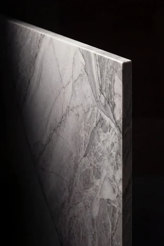 Solid mineral through the full thickness — no resin layer, no lamination. The colour is the material itself.