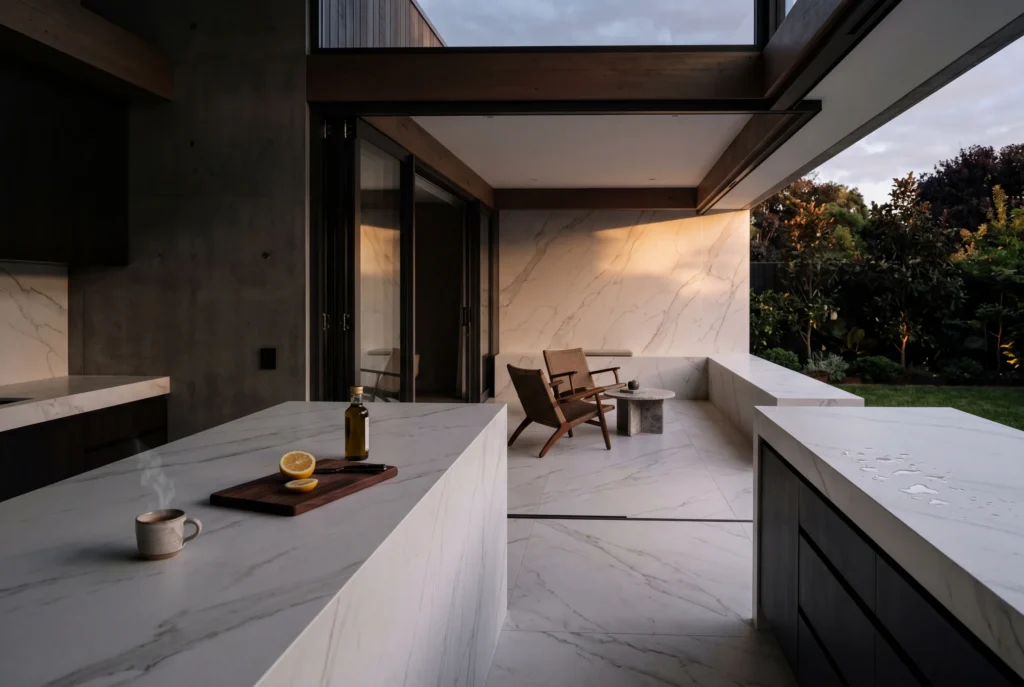 Outdoor kitchen in sintered stone, with interactive callouts