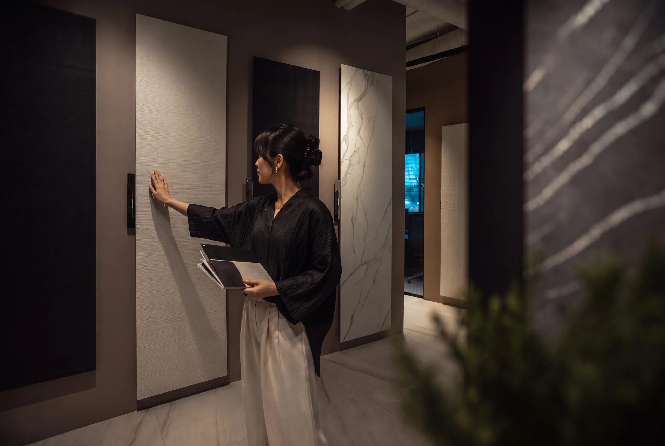 A designer working with surface in controlled light