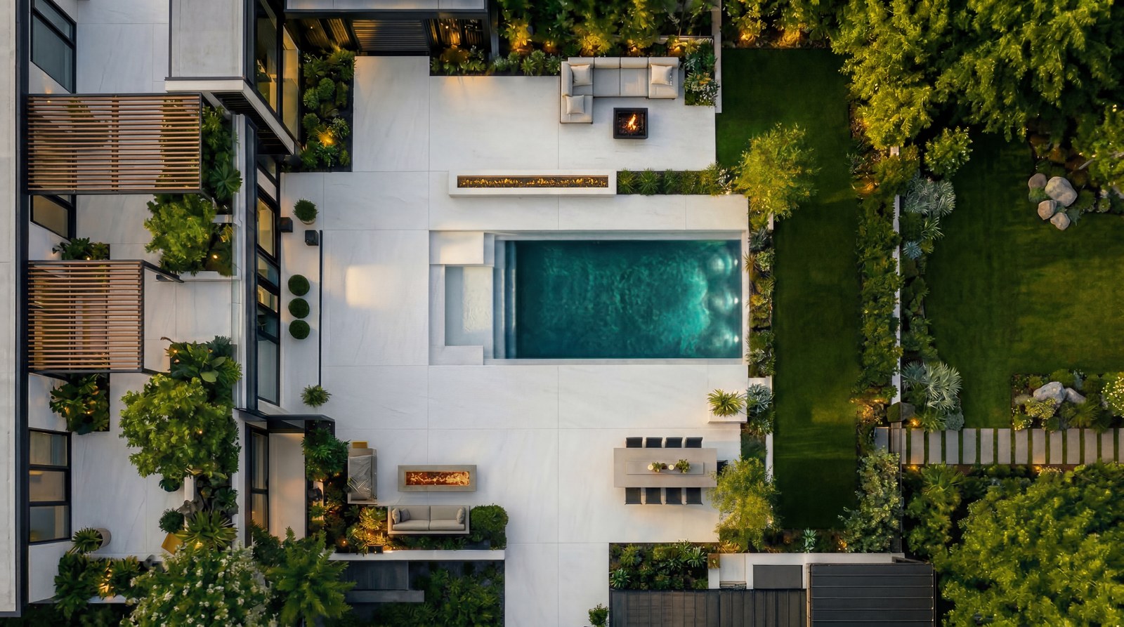 Aerial view of a residence clad in nano-crystallized glass with pool