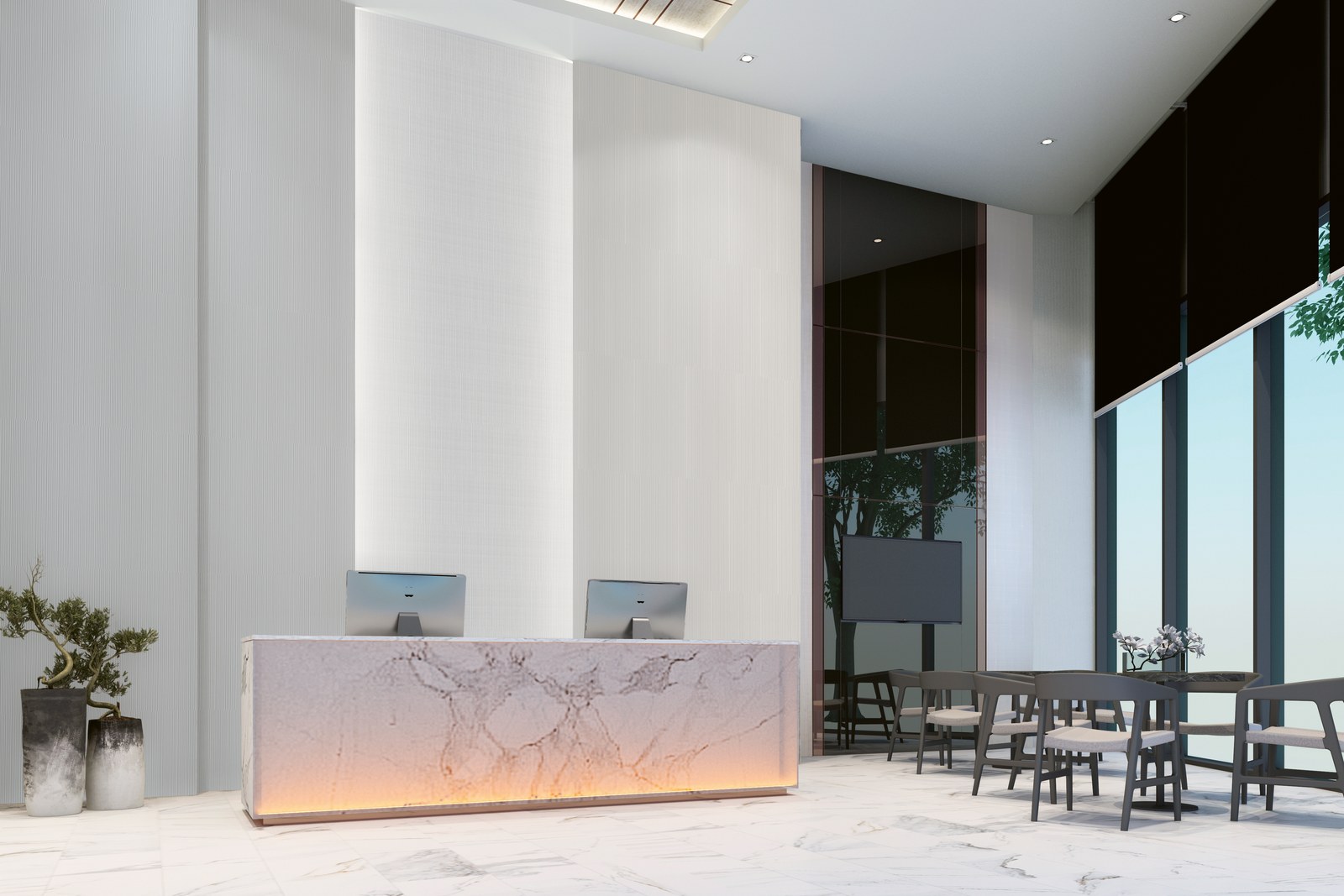 Backlit nano-crystallized glass reception desk in a bright commercial lobby