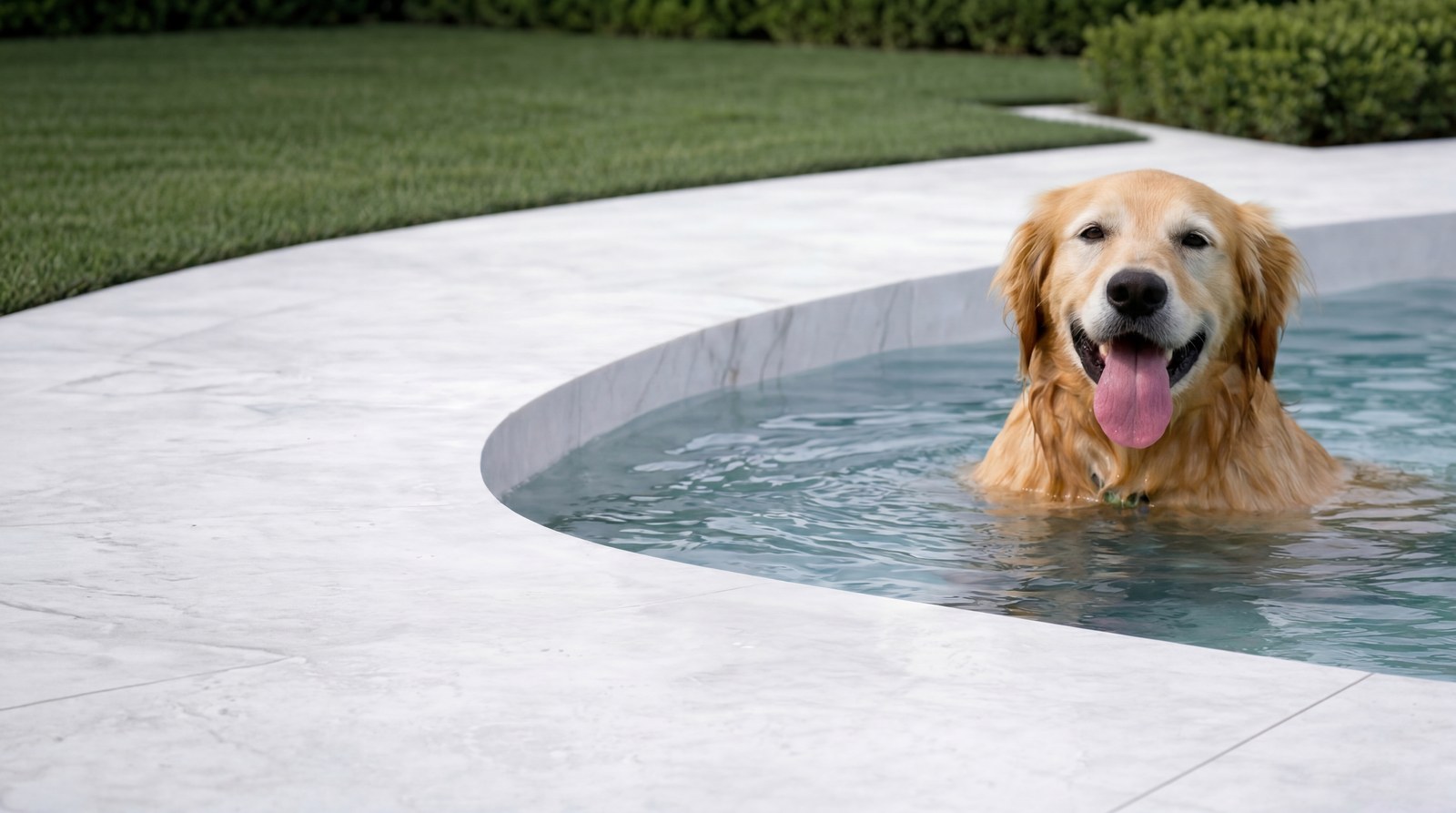 Nano-crystallized glass pool surround, white surface meeting water