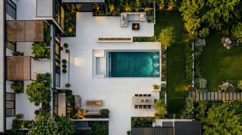 Aerial view of the white nano-crystallized glass surface running house to pool.
