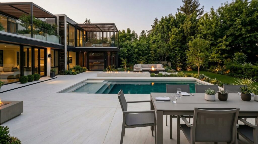 Patio seating on the white nano-crystallized glass terrace.
