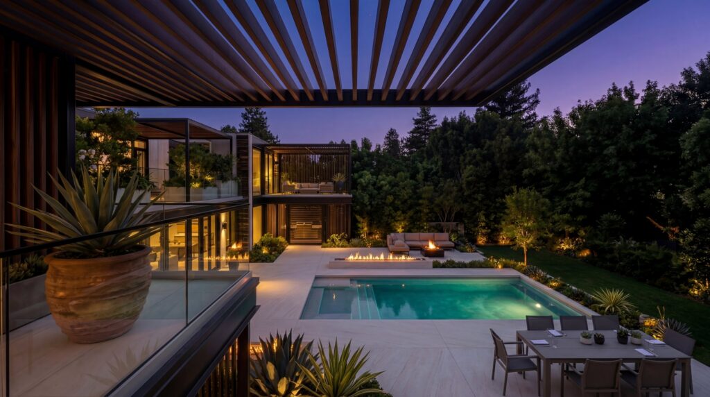 The nano-crystallized glass terrace at dusk, lit and glowing.