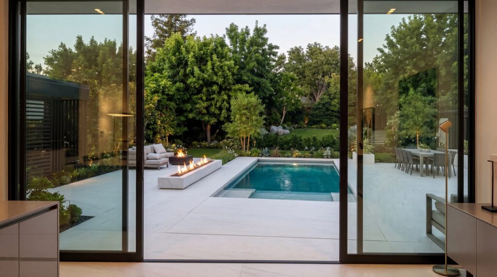 Interior opening onto the nano-crystallized glass deck, one continuous plane.