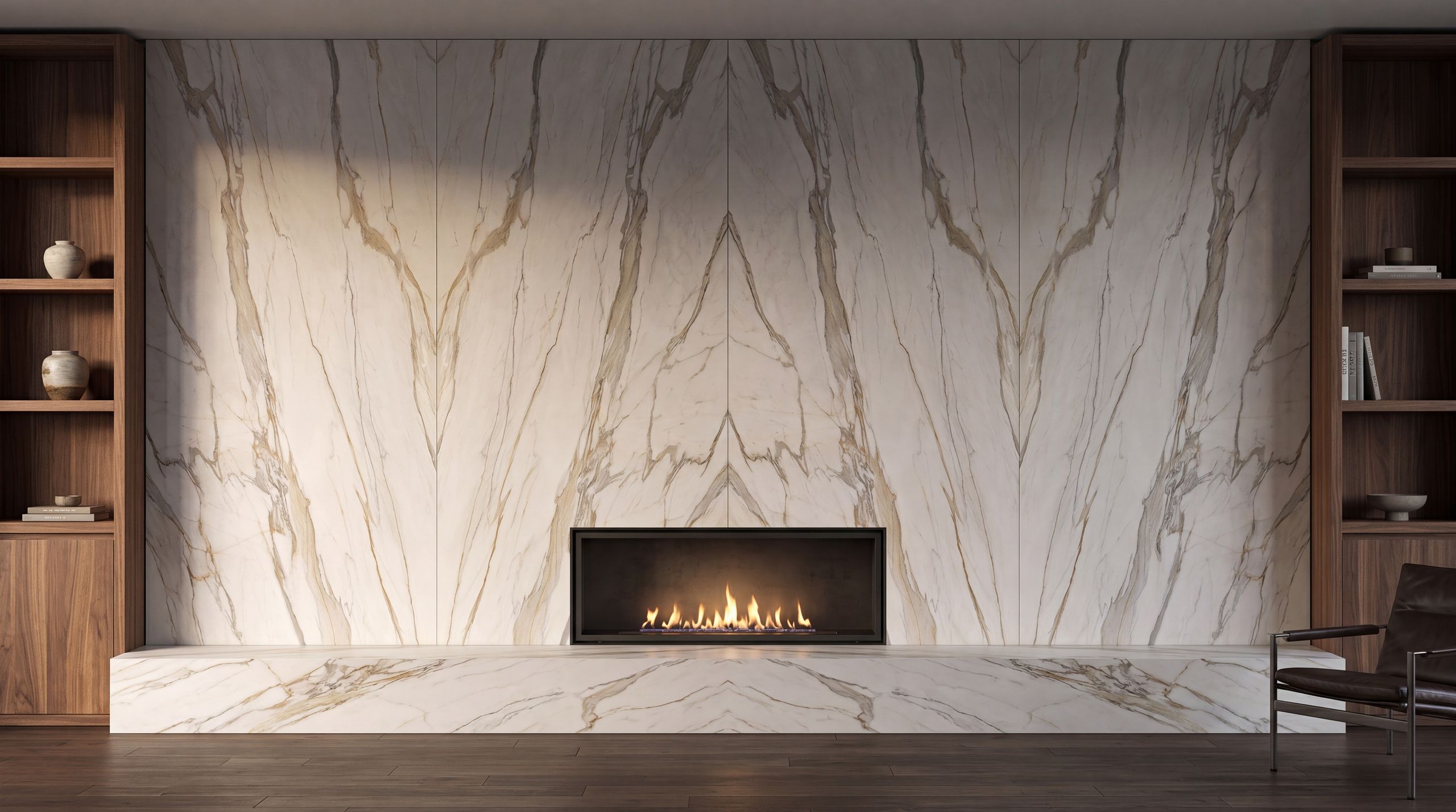 Sintered stone - Calacatta Gold fireplace feature wall
