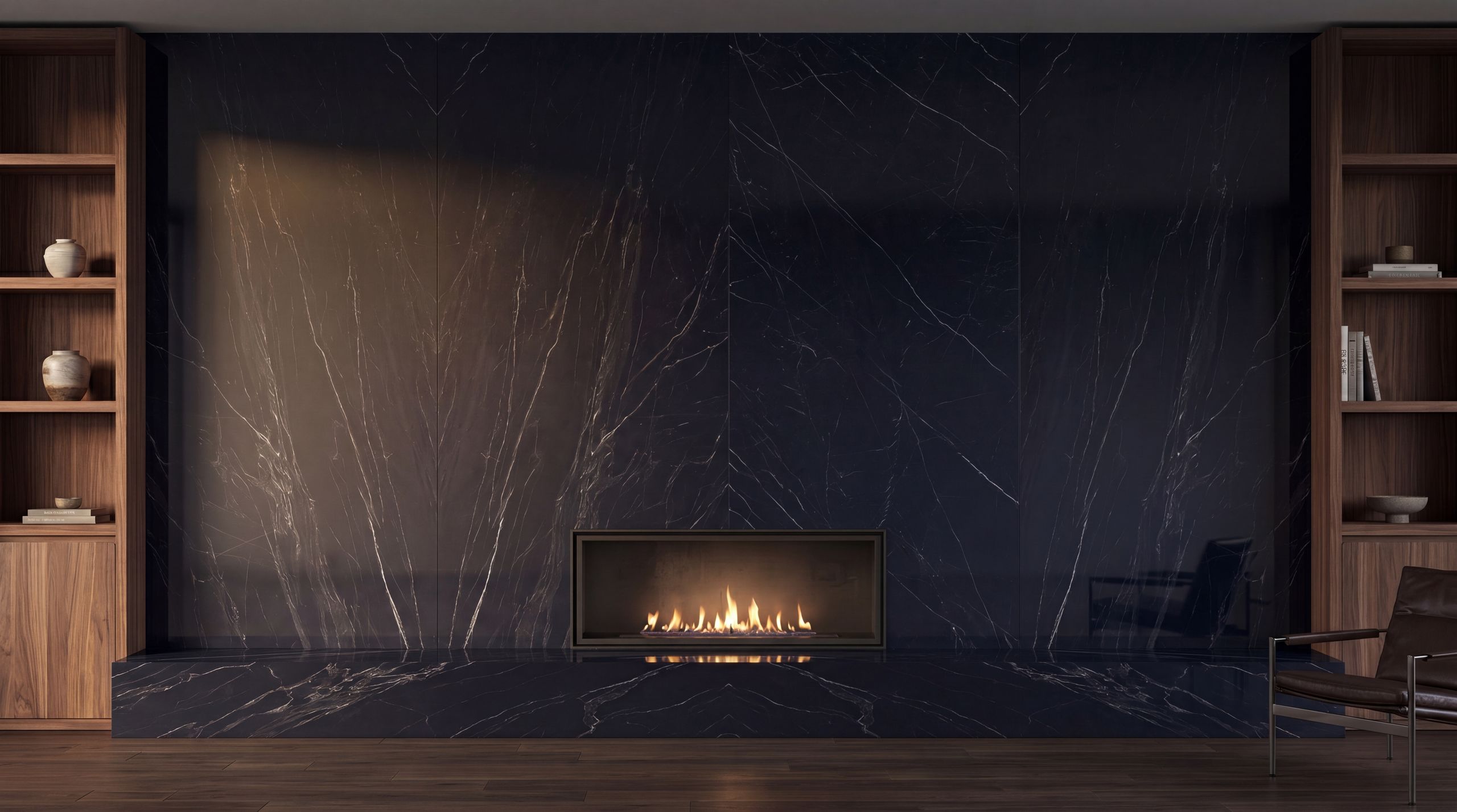 Sintered stone - Marquina fireplace feature wall