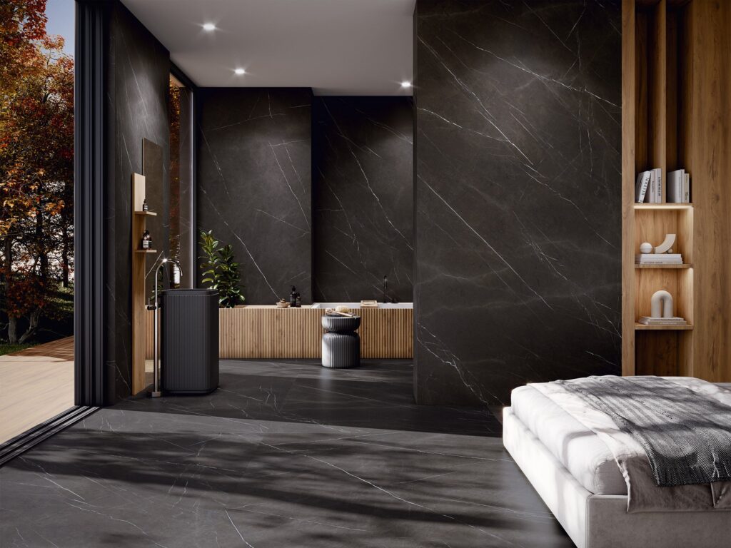 Pietra Grey sintered stone in a bedroom application.