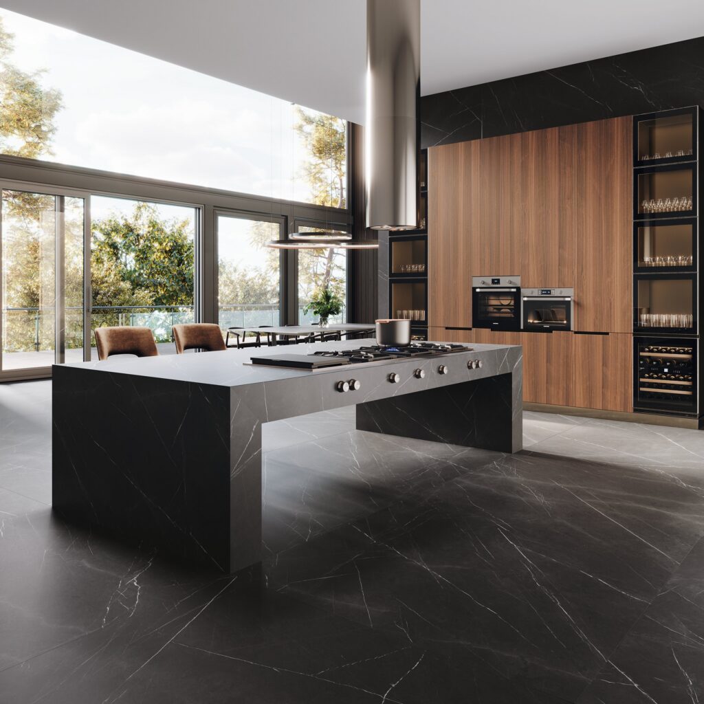 Pietra Grey sintered stone in a kitchen application.