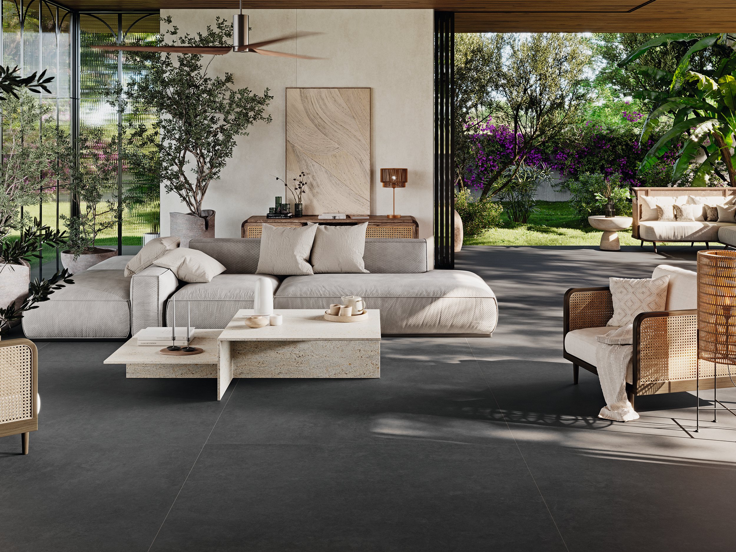 One concrete floor, | inside to the garden