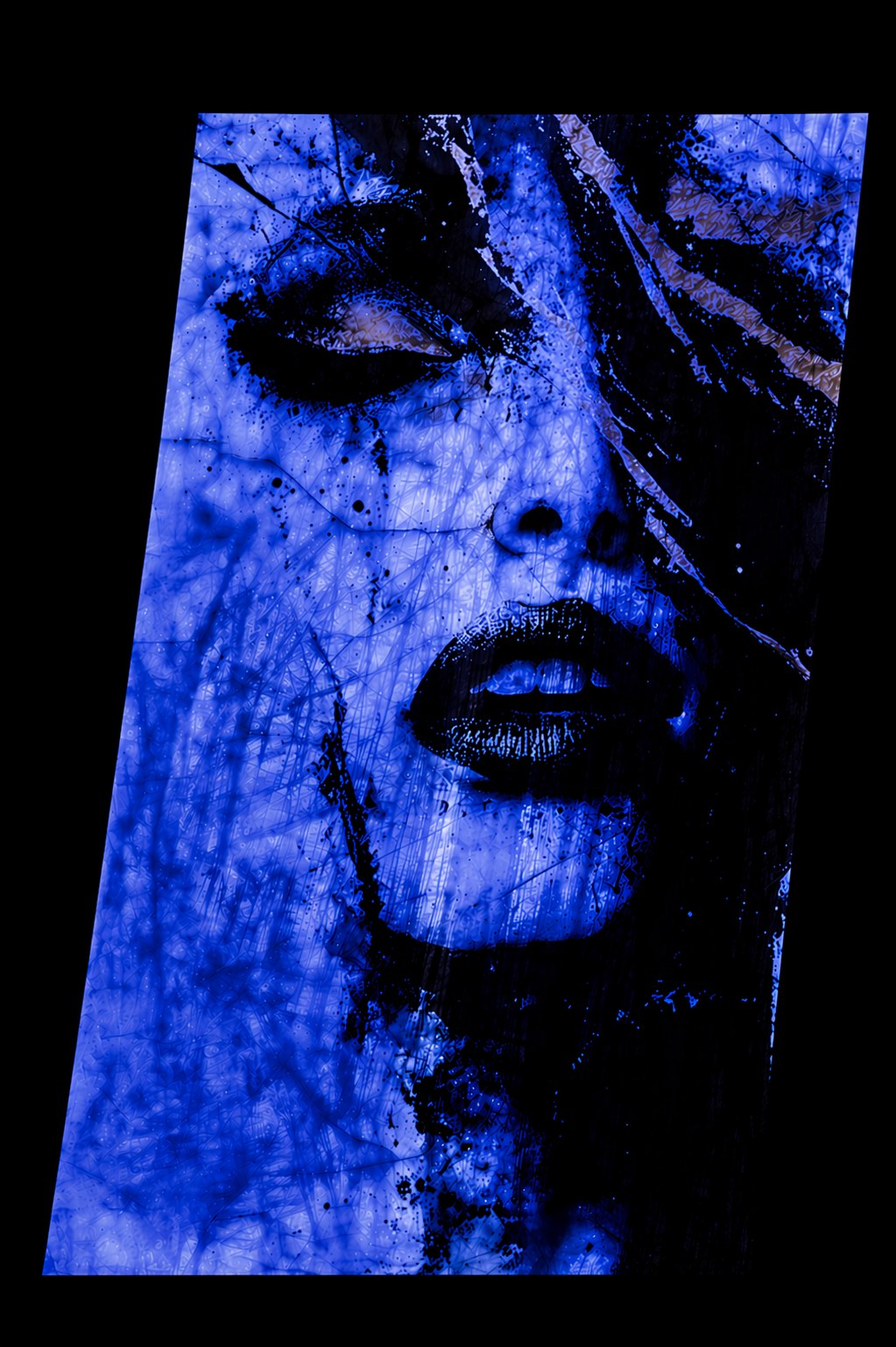 The same Cristallo panel backlit, glowing blue from within