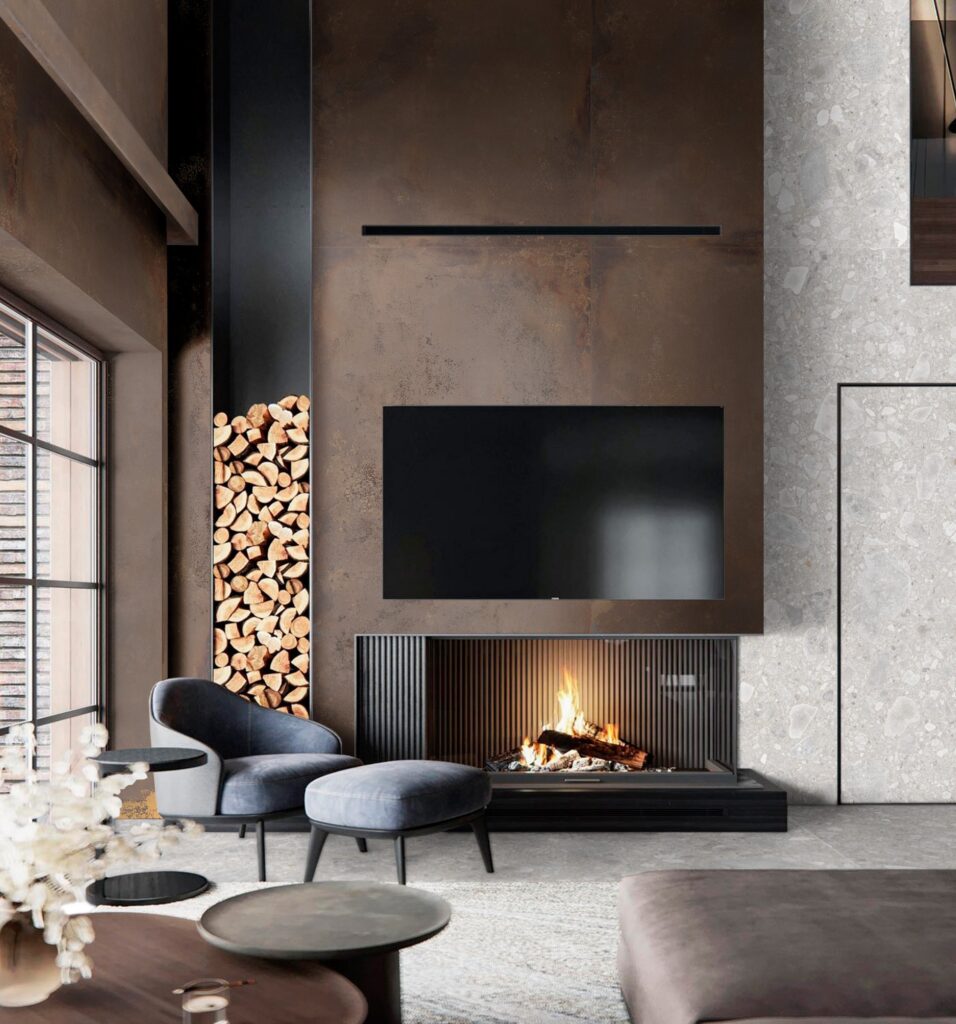 Ossido Aranto sintered stone, fireplace